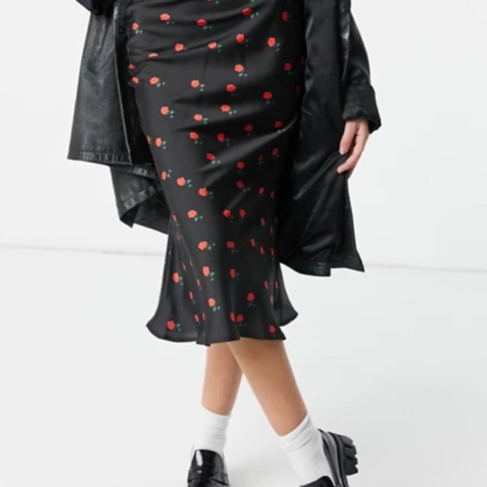 Never Fully Dressed Black Midi Skirt with Red Floral Design